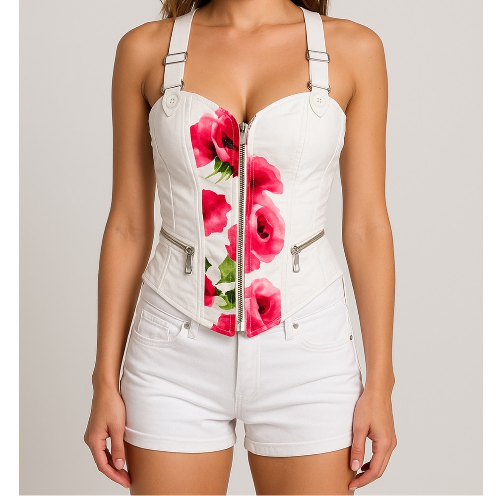 White Floral Zip-Front Corset Tank with Pink Rose Print